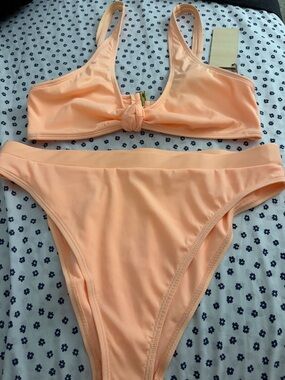Peach Ribbed Knot-Front Bikini Set